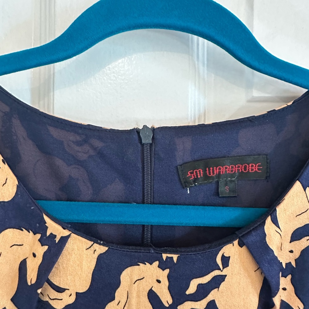 Elegant Navy and Gold Horse Print Mini Dress - Picture 3 of 5